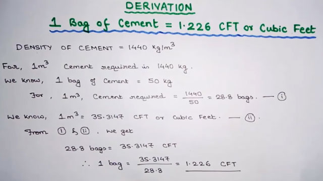 How to obtain the quantity of 1.226 cft in 1 bag cement
