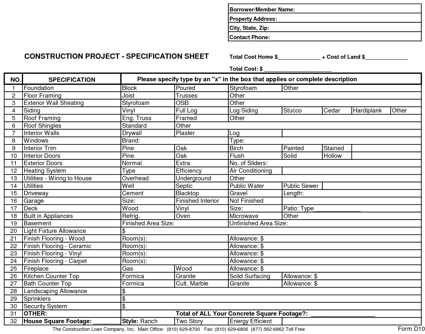 New Home Construction Bid Sheet | Home Construction Sheet