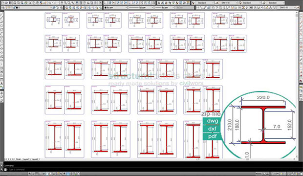 Download a wide array of European Wide Flange HEA HEB Profile Steel Sections dwg CAD drawings