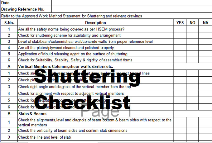 Here is a Checklist for your Shuttering Excel Sheet