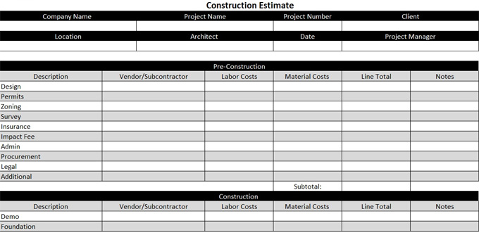 Construction cost breakdown sheet