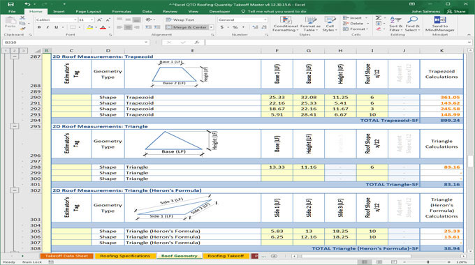 Best Software Excel QTO Roofing Quantity Takeoff & Pricing Database