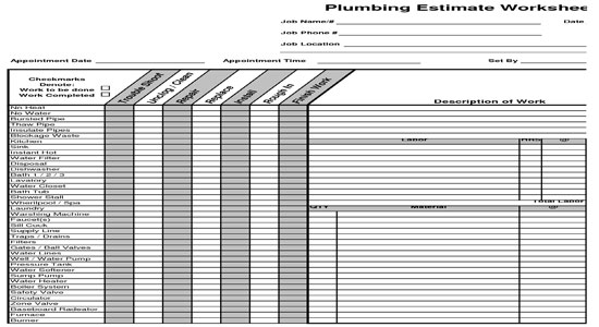 Estimating Plumbing Construction Worksheet